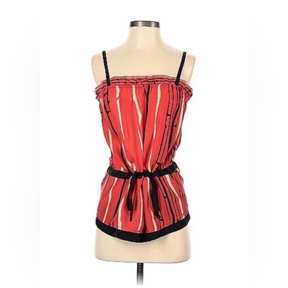 281- Jaloux 100% Silk Tank Top Red White Black Tie Detail Sleeveless Blouse